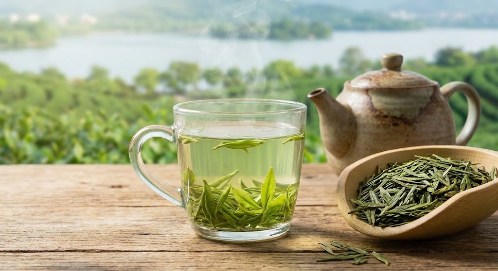 A vibrant collection of loose green tea leaves and a brewed cup.
