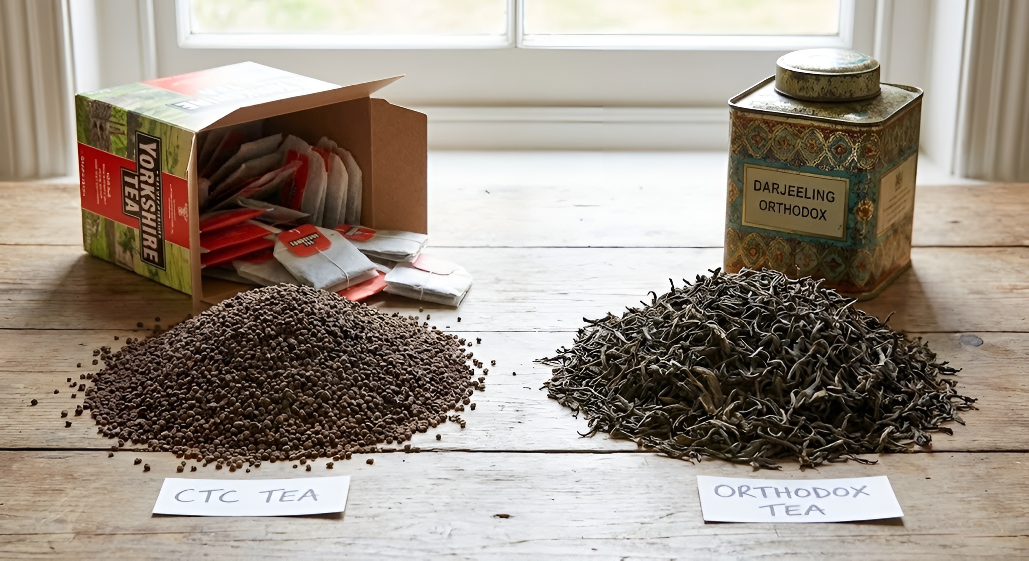 final made product of loose leaf white tea and green tea side by side in a splitscreen effect.