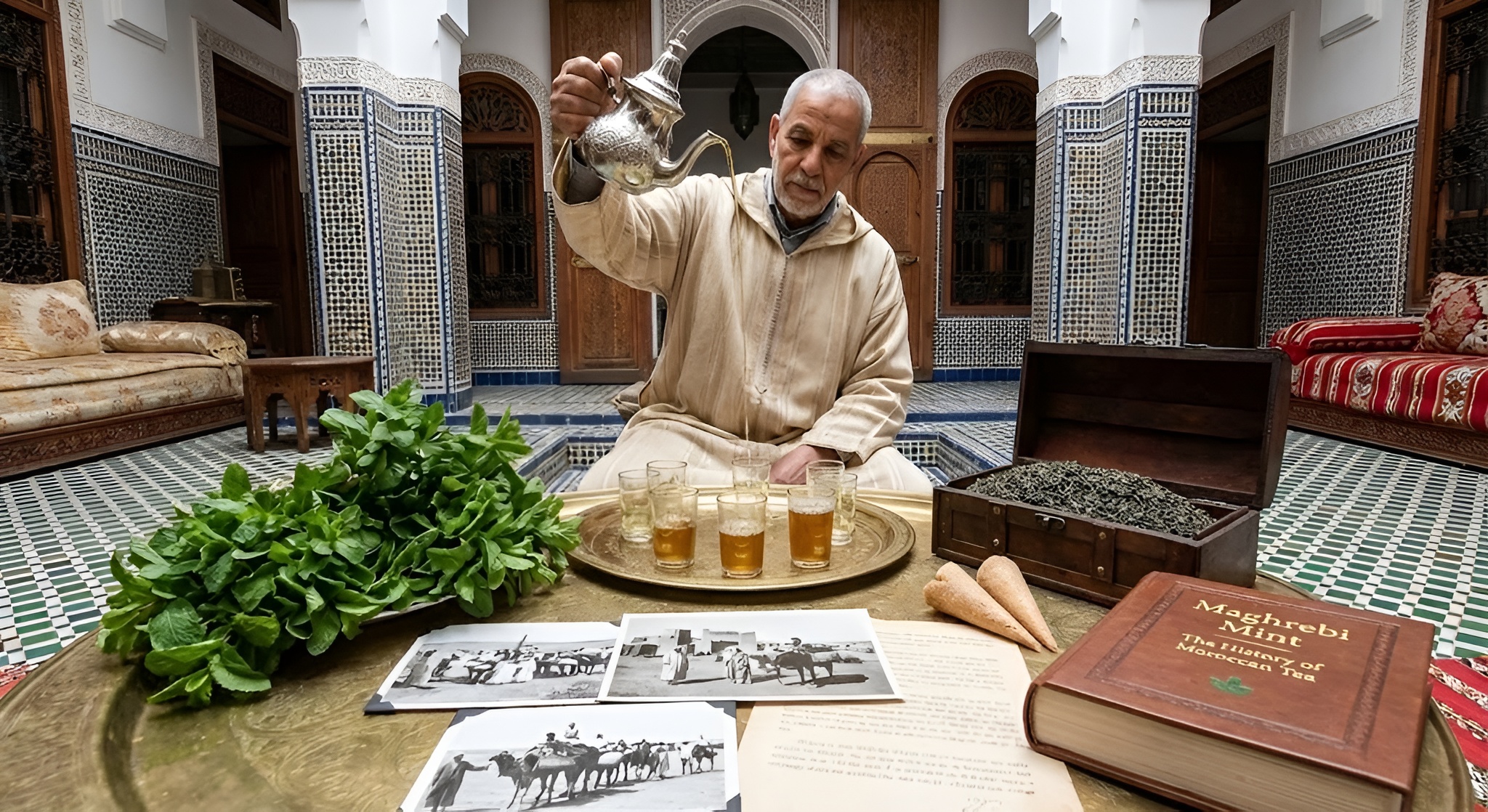 A silver Moroccan teapot pouring tea from a height into a glass with fresh mint leaves.