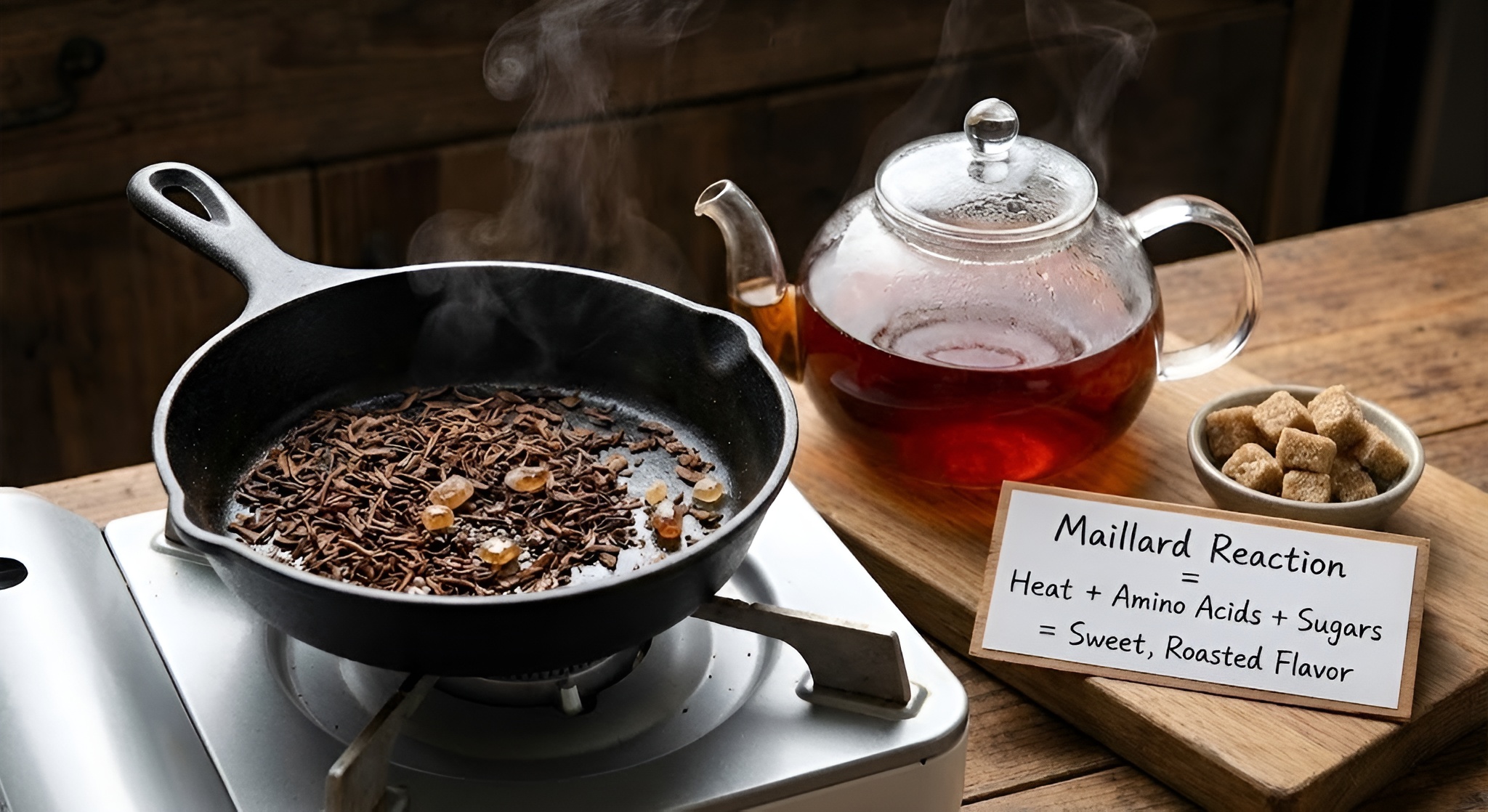 Close up of tea leaves turning brown in a roasting pan over charcoal.