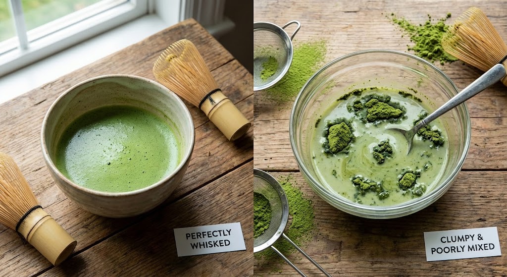 A fine mesh sieve sifting bright green matcha powder into a bowl, eliminating clumps.