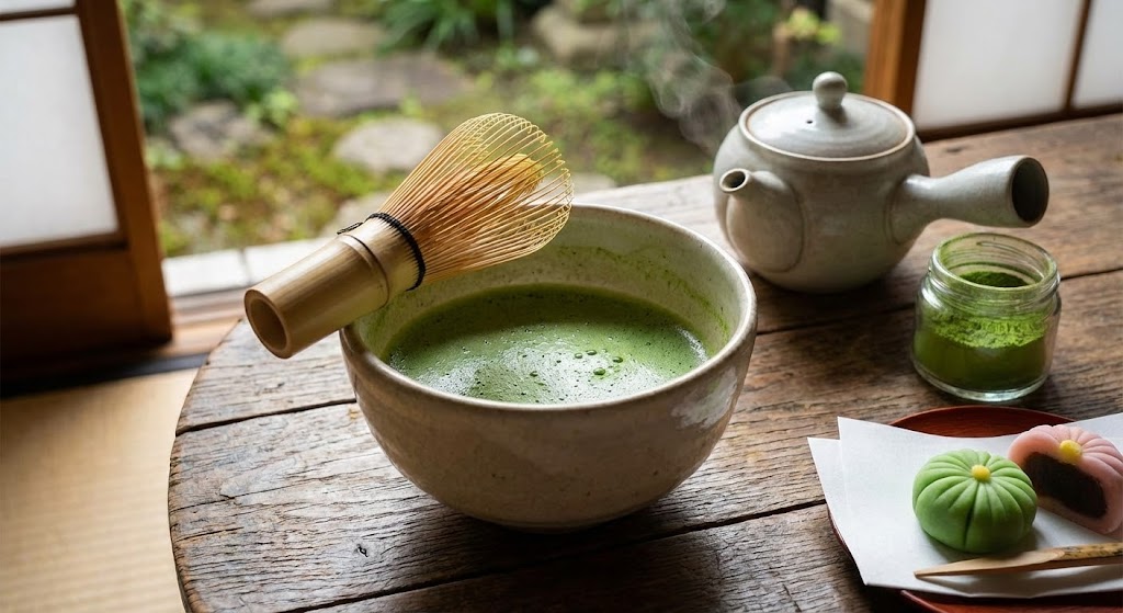 A vibrant collection of loose green tea leaves and a brewed cup.