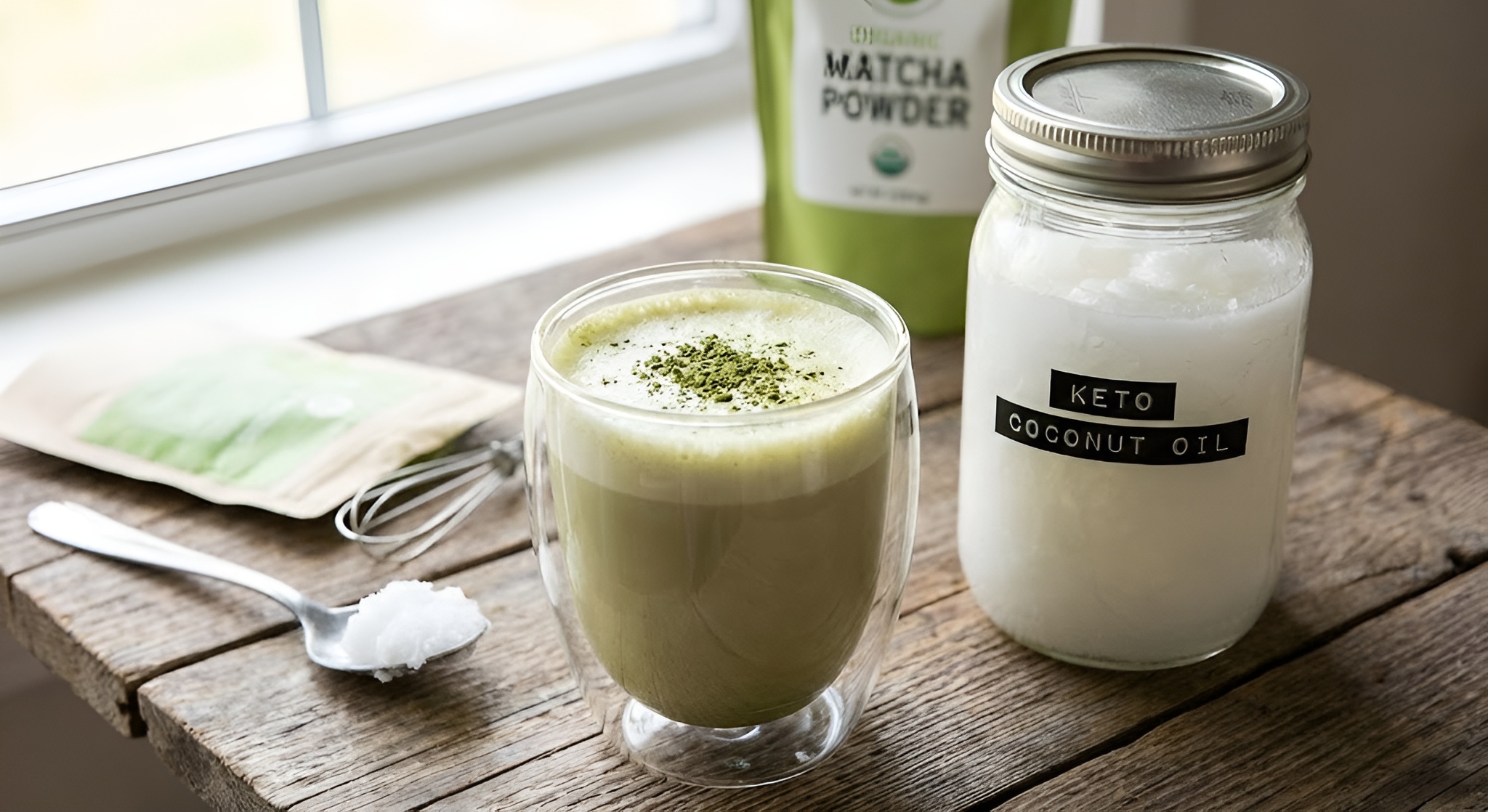 A keto friendly bulletproof matcha latte next to a jar of coconut oil.