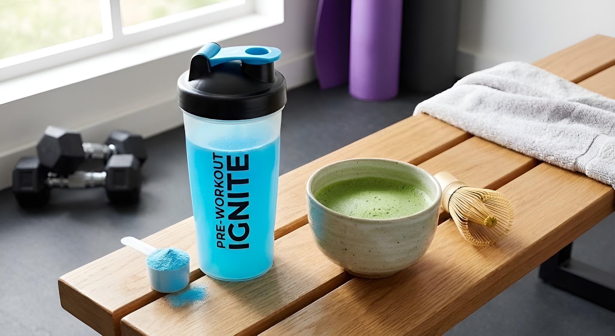 A shaker bottle filled with vibrant green matcha next to gym weights.