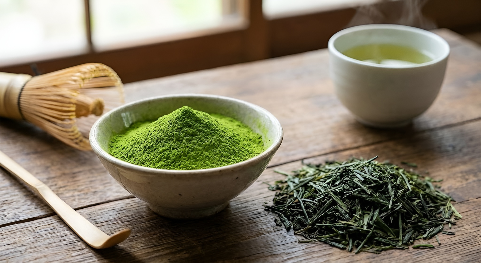 A bowl of vibrant green matcha powder next to loose leaf sencha tea leaves.