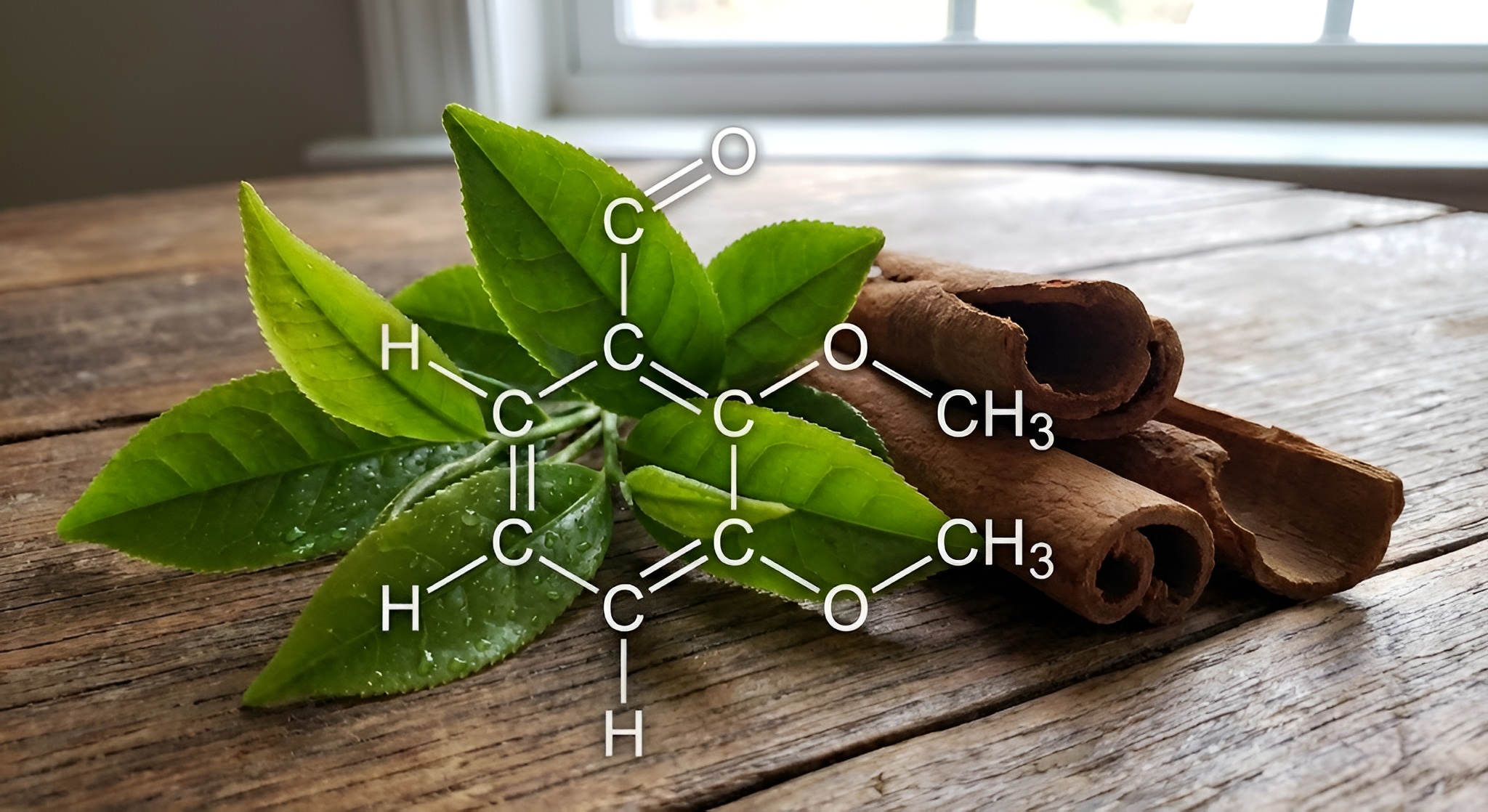 Molecular structure of Methyl Salicylate overlaid on Ruby 18 leaves and cinnamon bark.