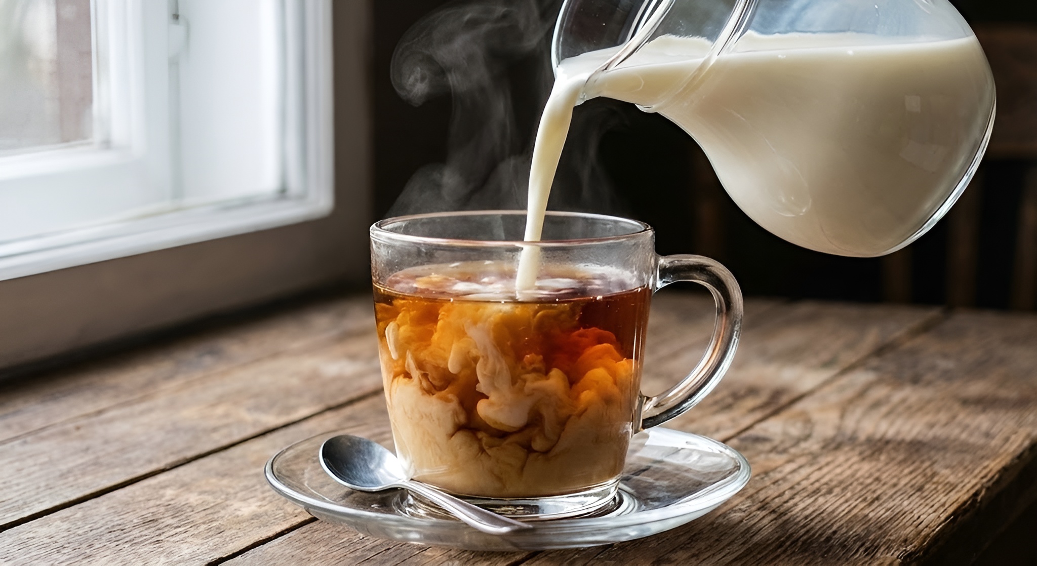 A stream of milk pouring into a cup of tea, swirling and mixing.