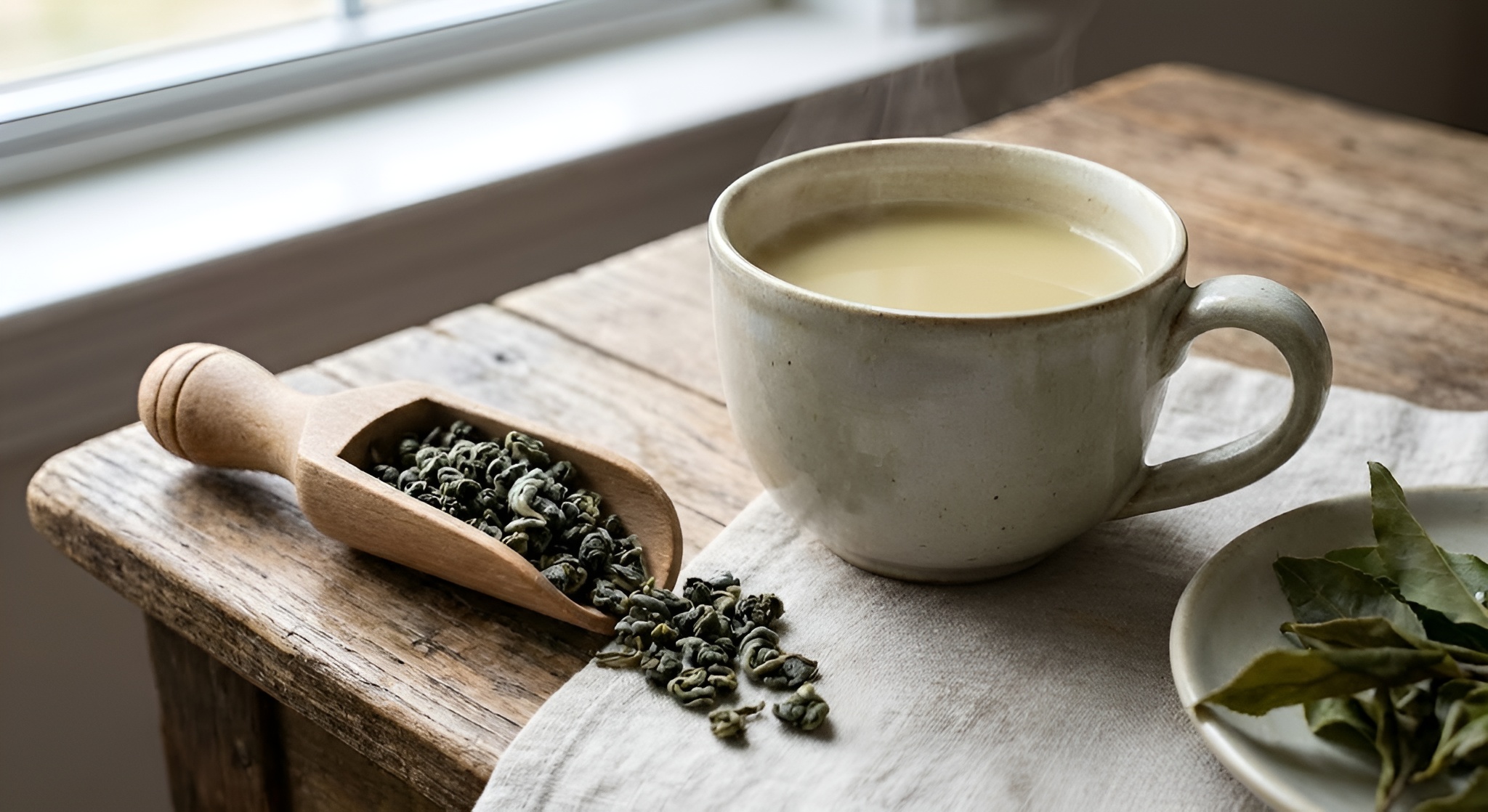 A cup of milk oolong tea next to loose rolled tea leaves.