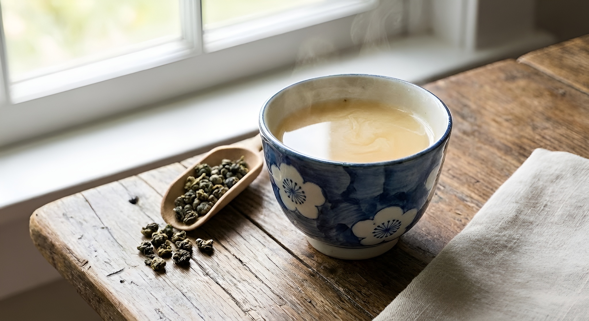 final made product of loose leaf white tea and green tea side by side in a splitscreen effect.