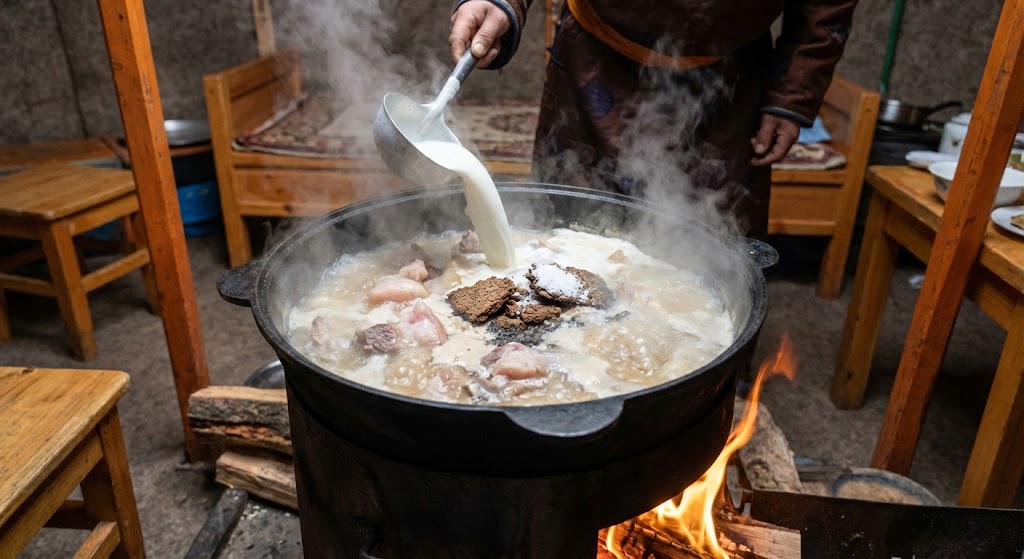 cast iron pot with Mongolian suutei tsai boiling mutton fat milk salt brick tea