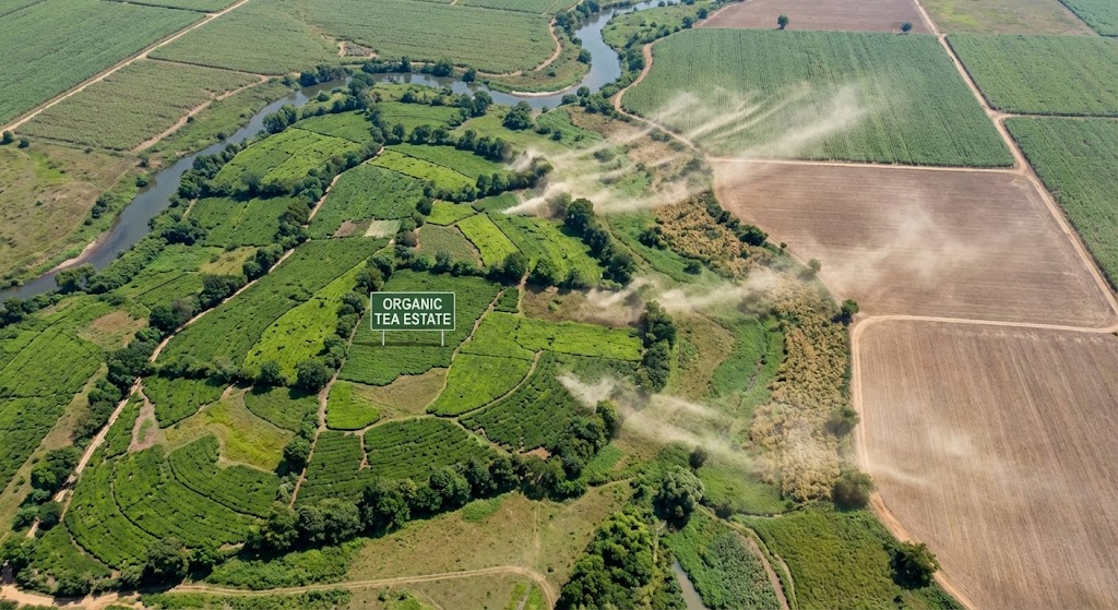 aerial view of organic tea estate surrounded by conventional farms with drift patterns