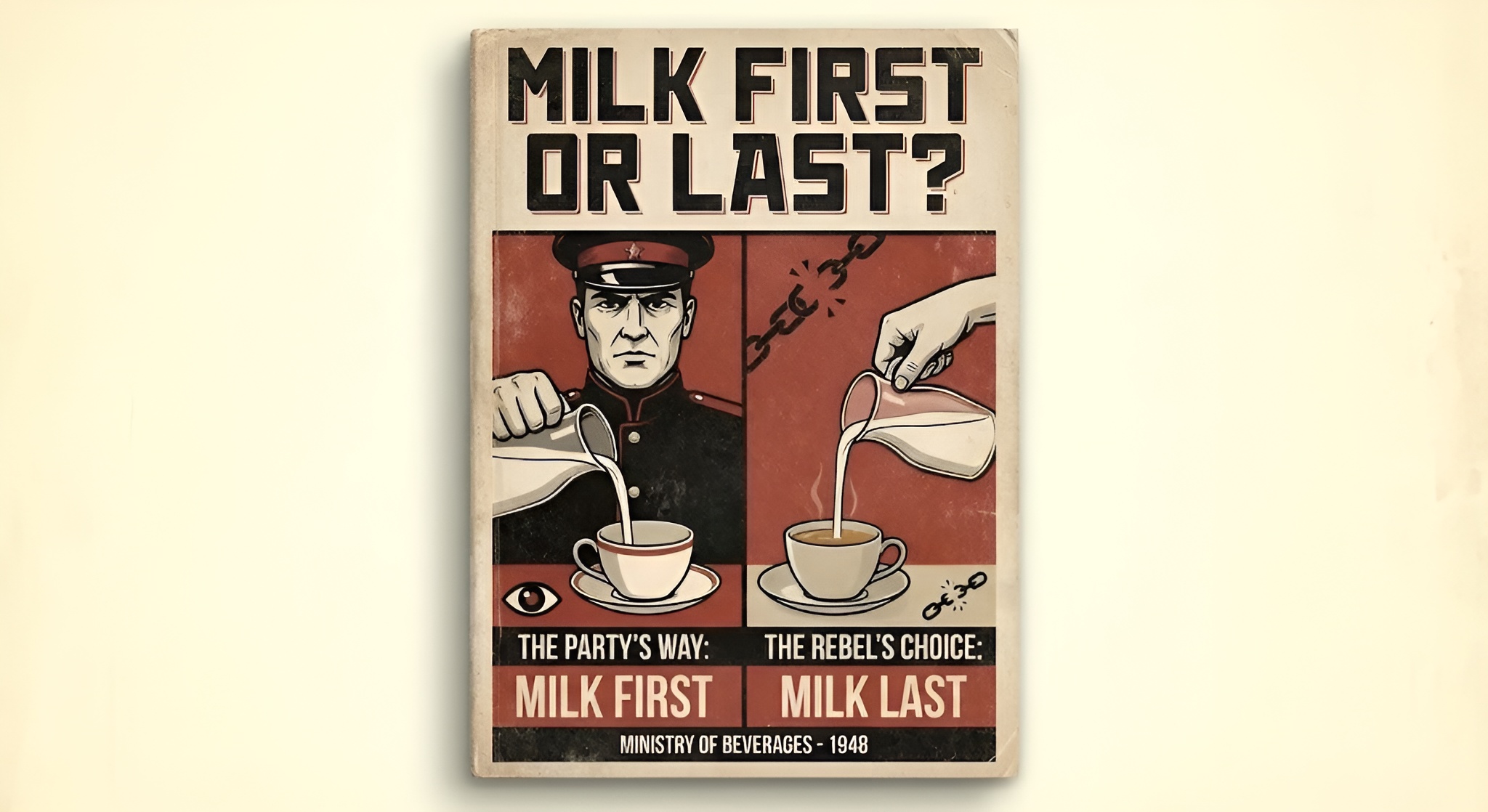 A vintage typewriter next to a strong cup of tea and George Orwell's essay.