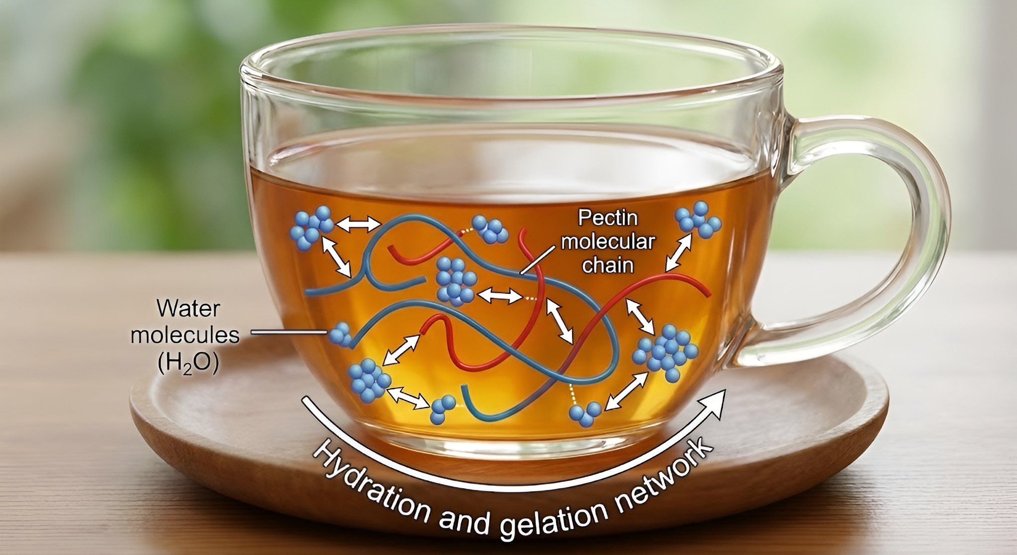 A diagram of pectin molecular chains interacting with water in a tea cup.