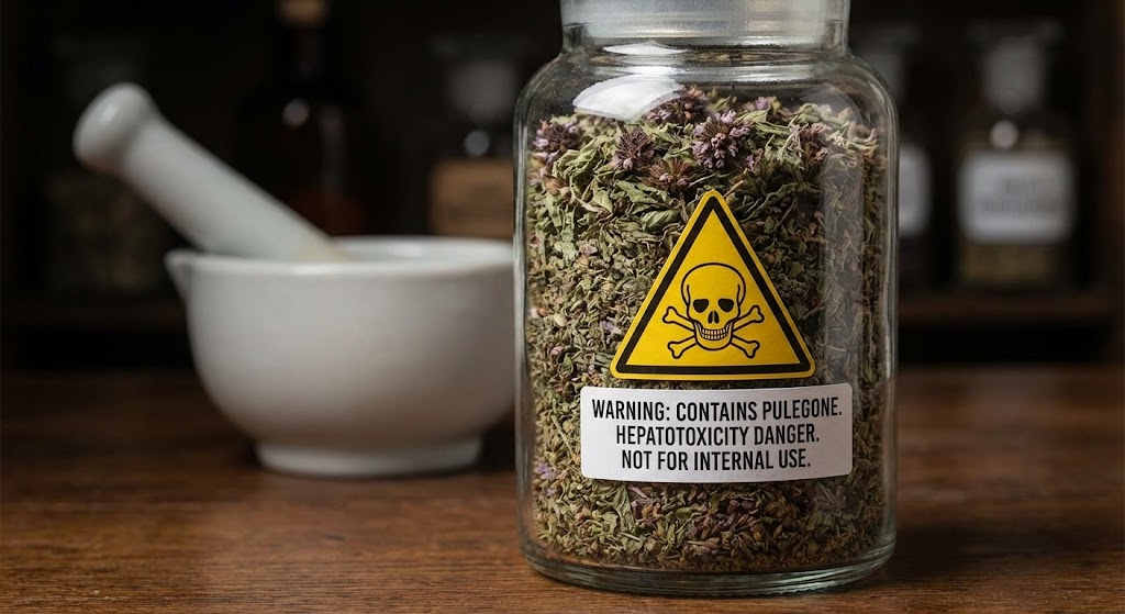 dried pennyroyal herb with warning symbol indicating hepatotoxicity danger