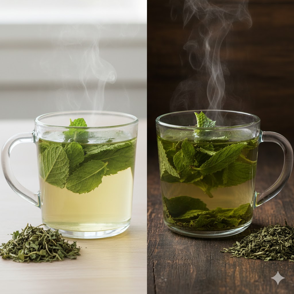 final made product of loose spearmint and peppermint side by side in a splitscreen effect.