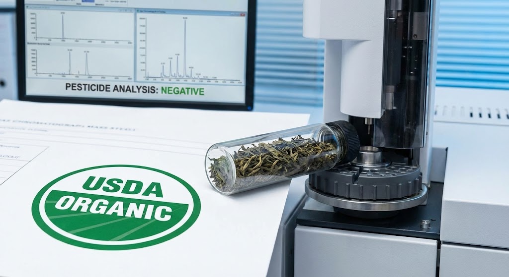 organic certification stamp next to laboratory pesticide testing equipment analyzing tea samples