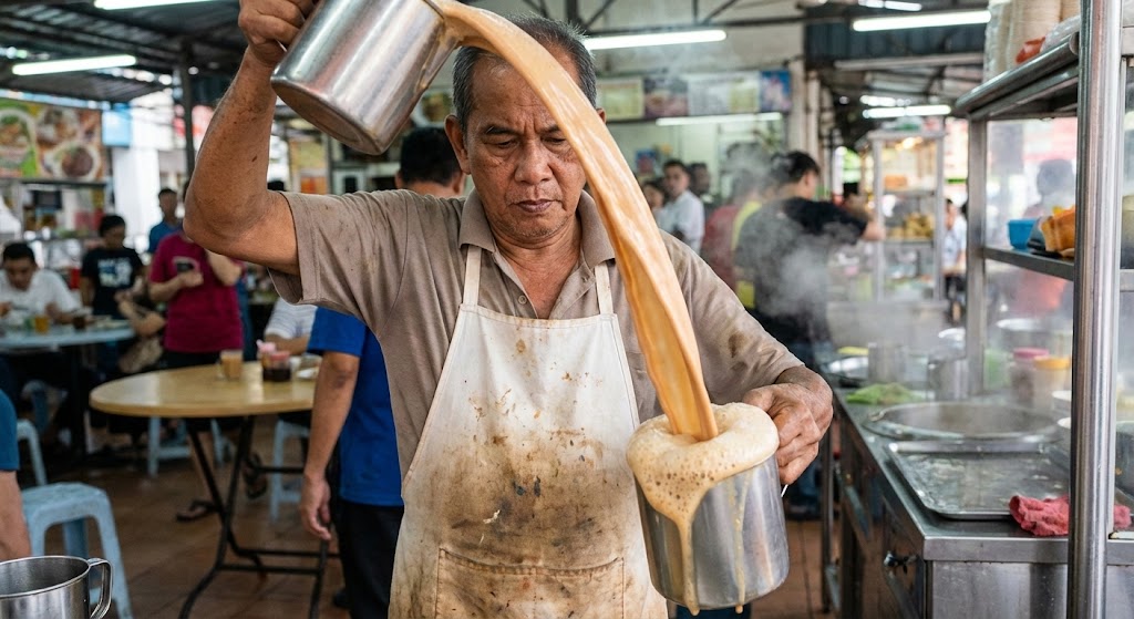 Malaysian teh tarik being pulled between containers from one meter height creating foam
