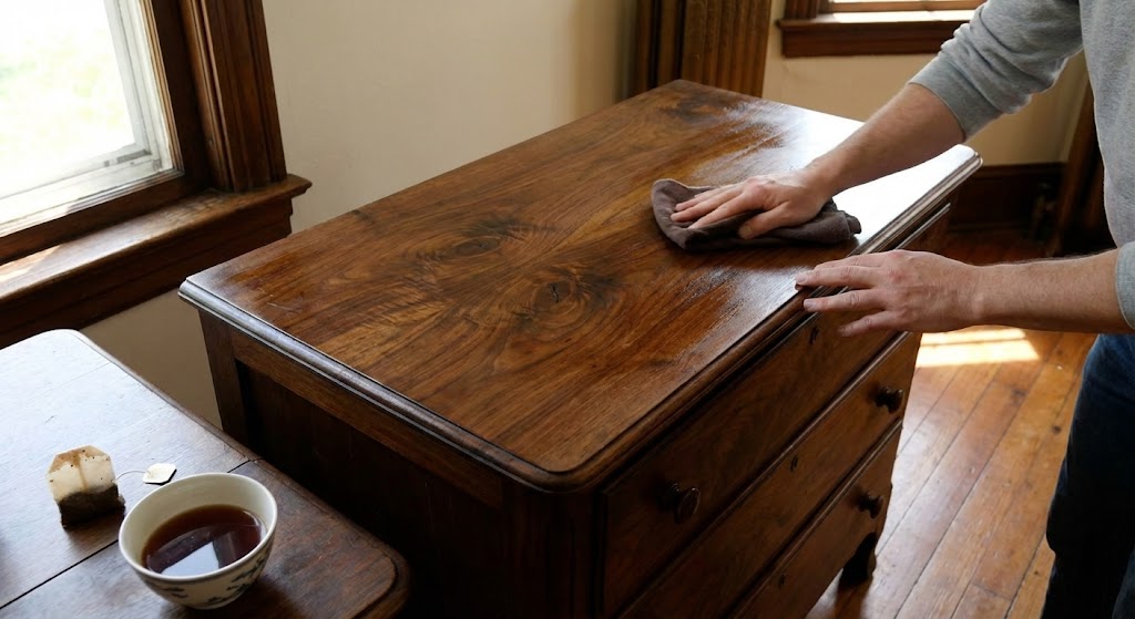 dark wood furniture being polished with tea-dampened cloth to enhance grain