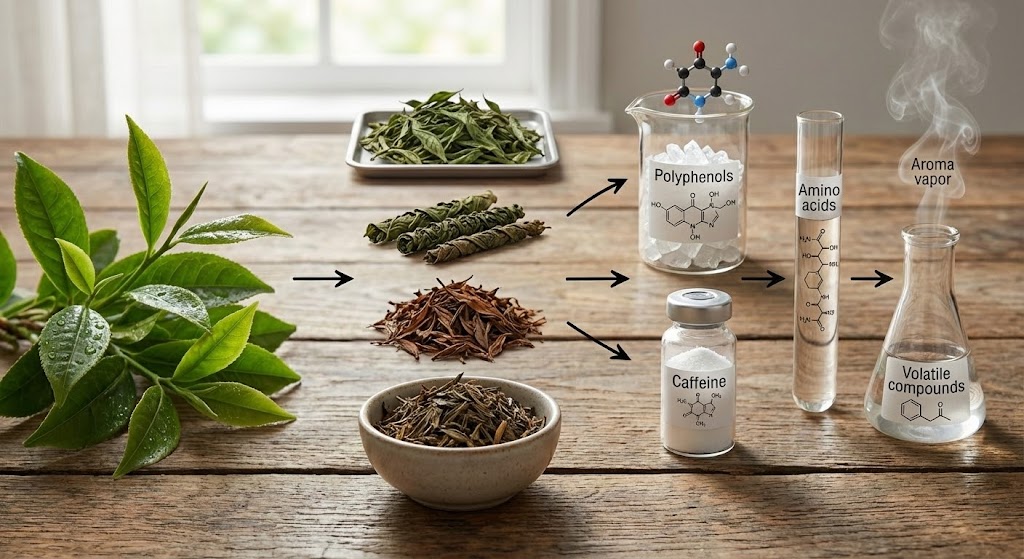 A diagrammatic representation of tea leaves breaking down into chemical compounds.