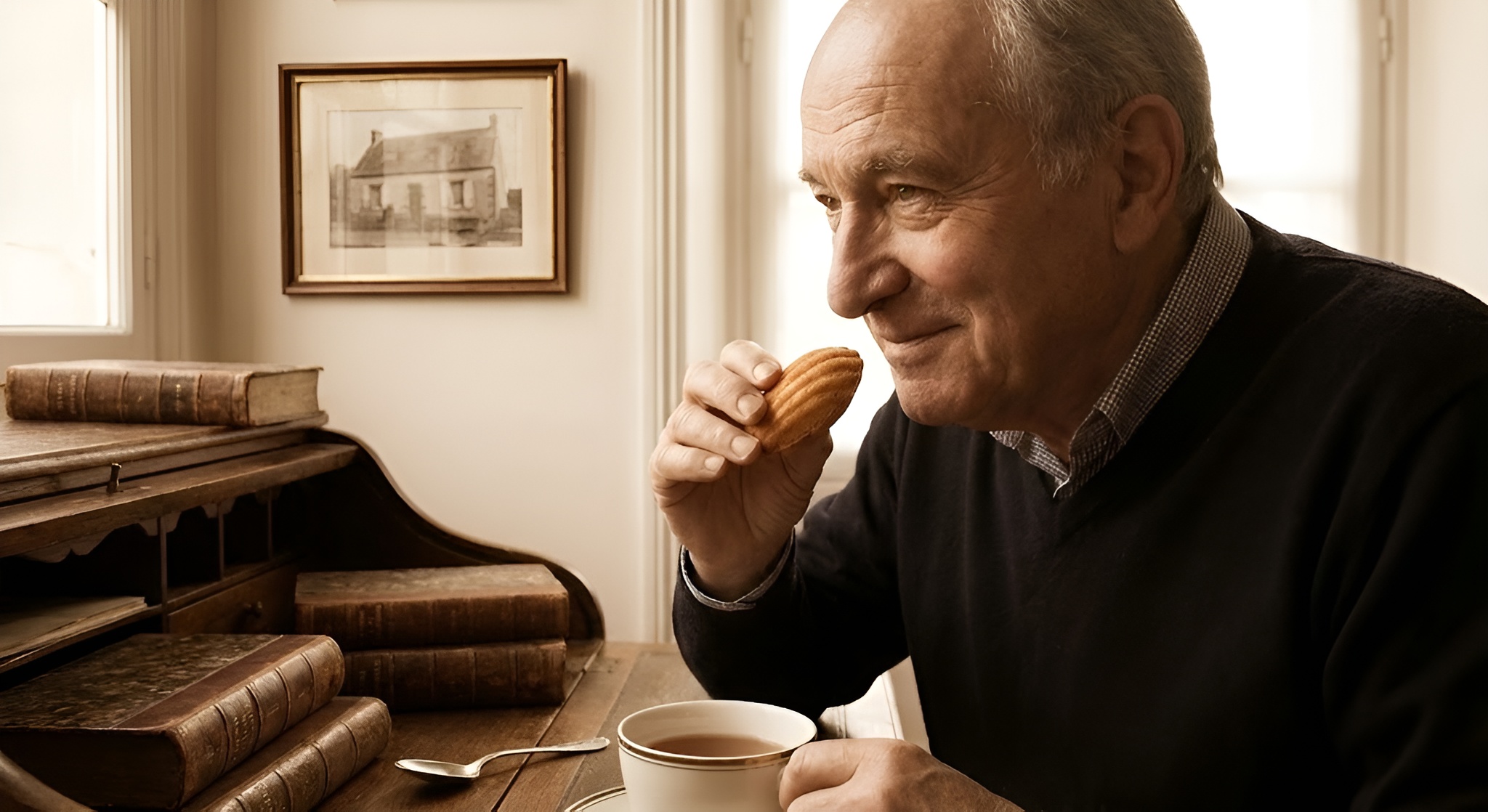 A delicate madeleine sponge cake being dipped into a cup of herbal tea.