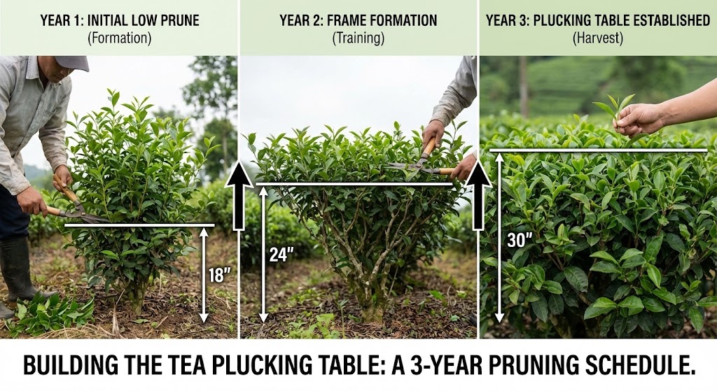 Creating a flat-topped tea bush for easy harvesting