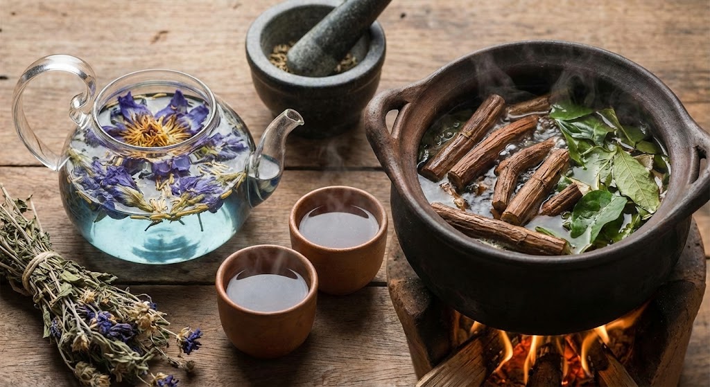 blue lotus flowers and ayahuasca vine prepared as psychotropic teas