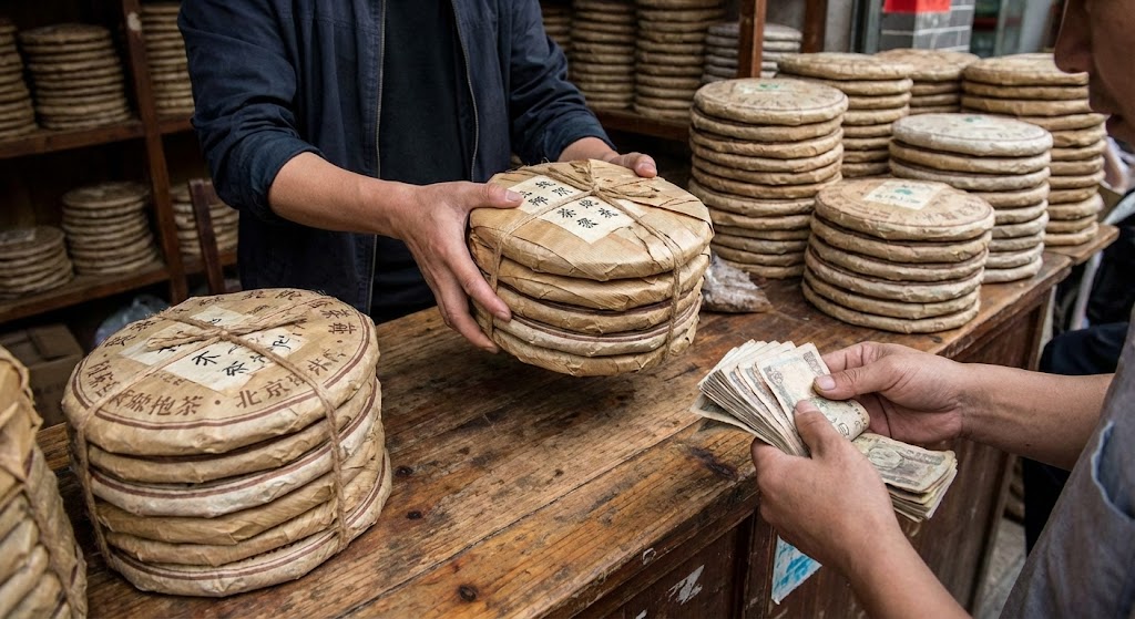 puerh tea cakes stacked with auction price tags and money in background