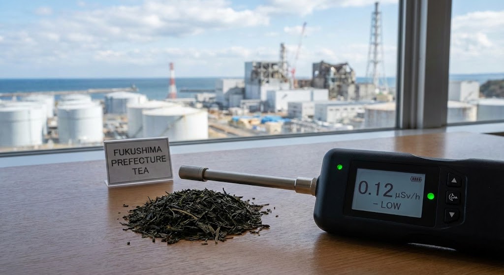 geiger counter measuring low radiation from tea leaves with fukushima background