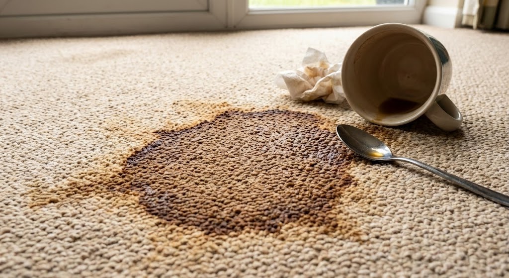 A white cloth blotting a fresh tea stain on a carpet, with vinegar and baking soda nearby.