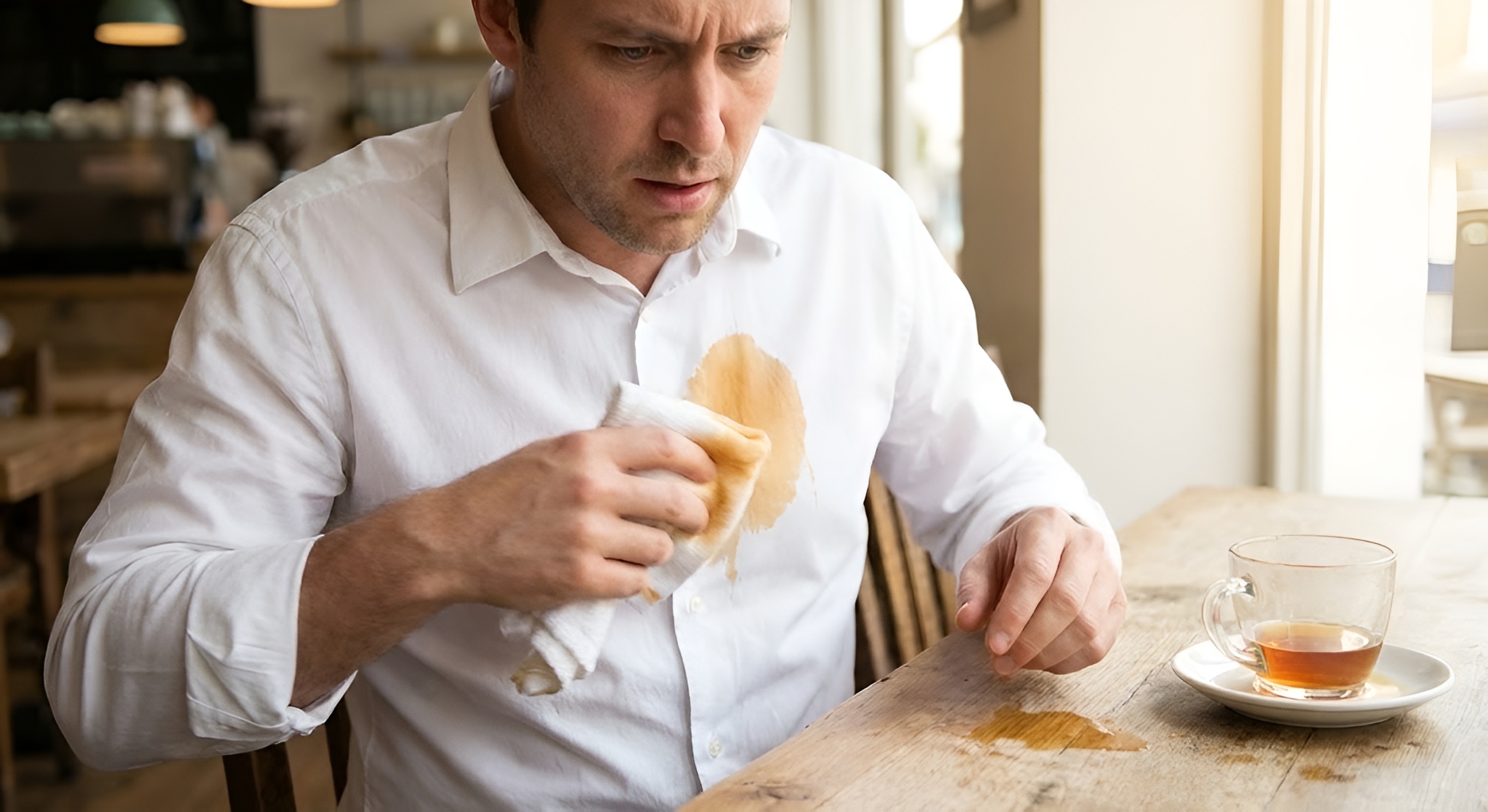 A white shirt with a fresh tea stain being blotted with a cloth.