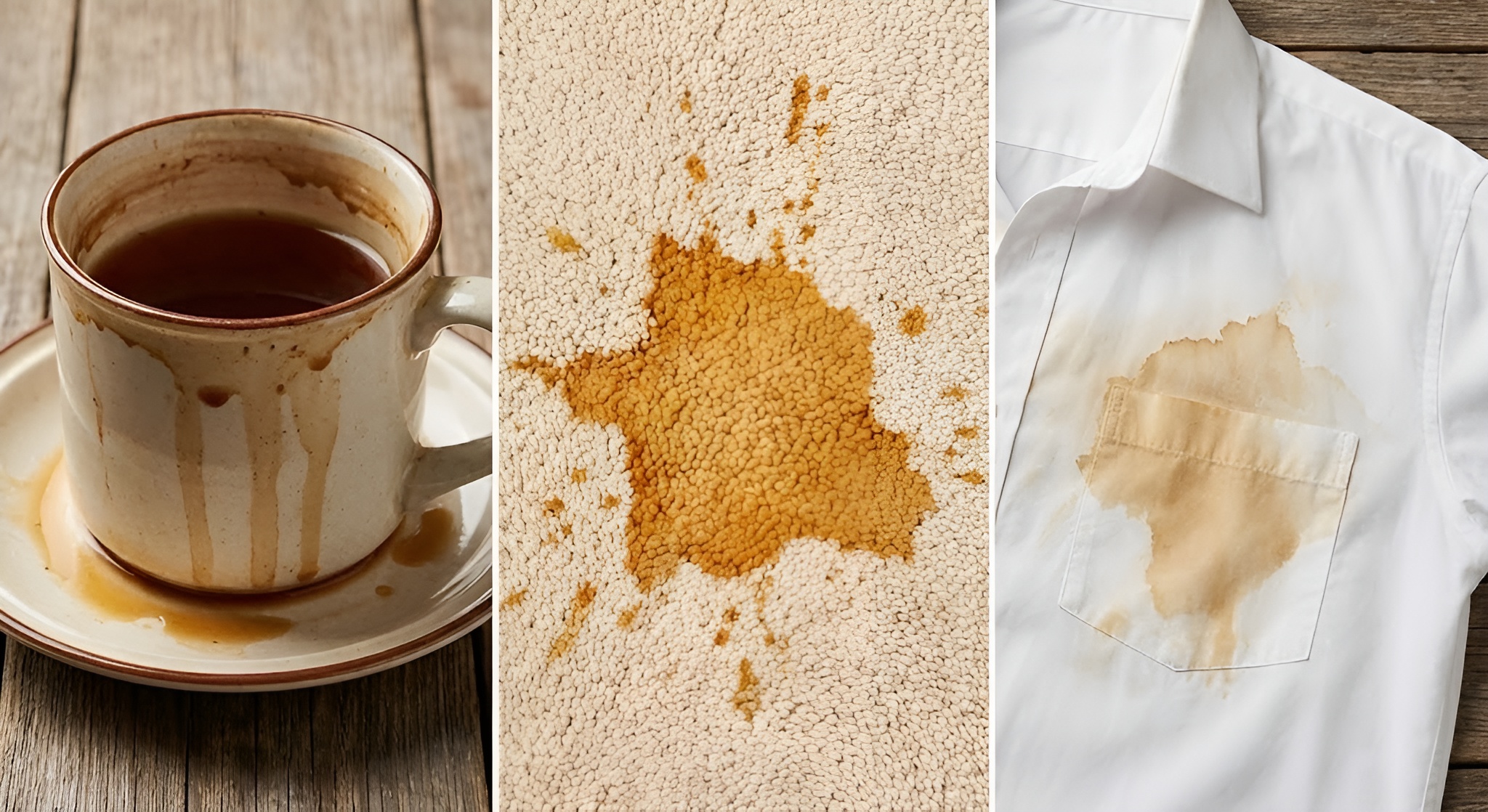 A collage of tea stains on a mug, carpet, and shirt.