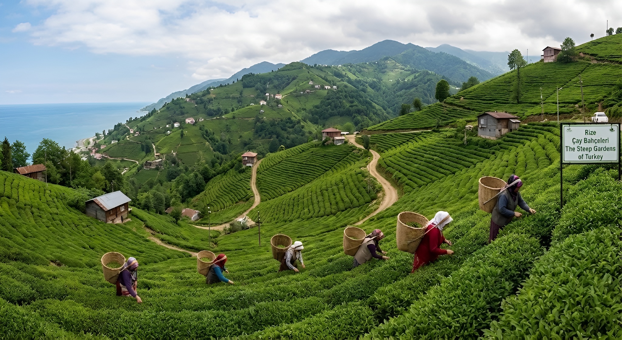 Steep green tea terraces in Rize dropping down towards the misty Black Sea.