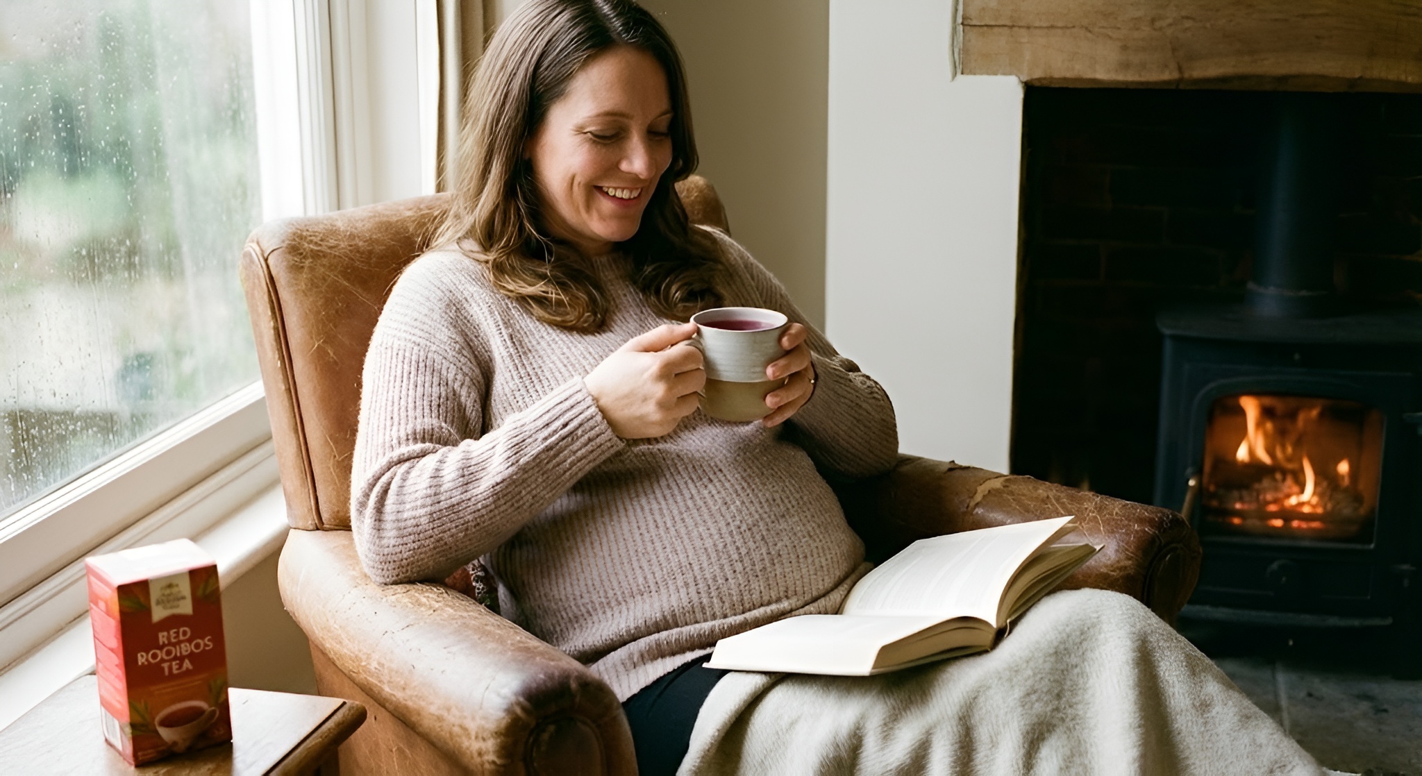 A pregnant woman relaxing with a cup of red rooibos tea.