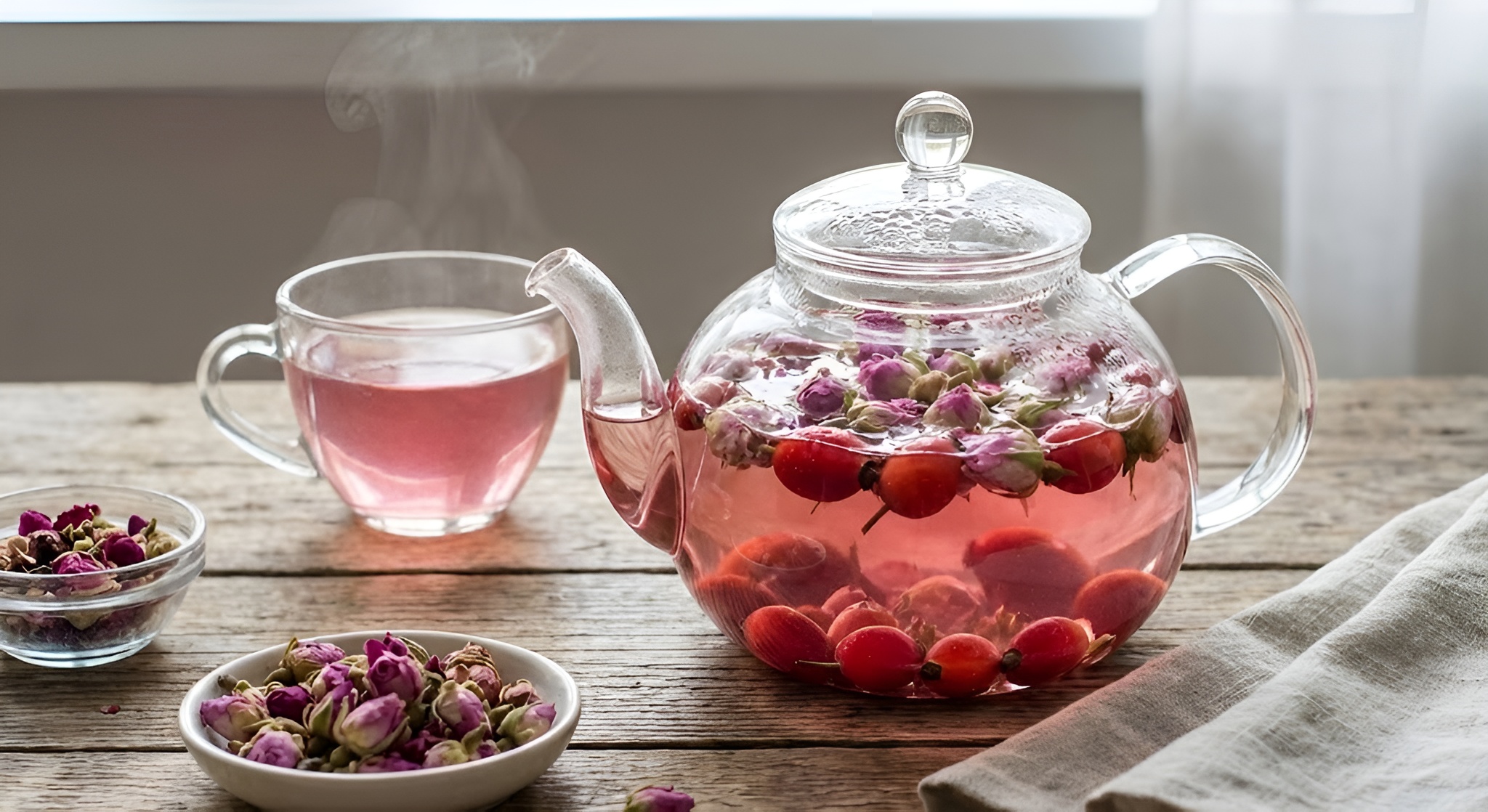 Fresh rose hips and dried rose buds on a wooden table.