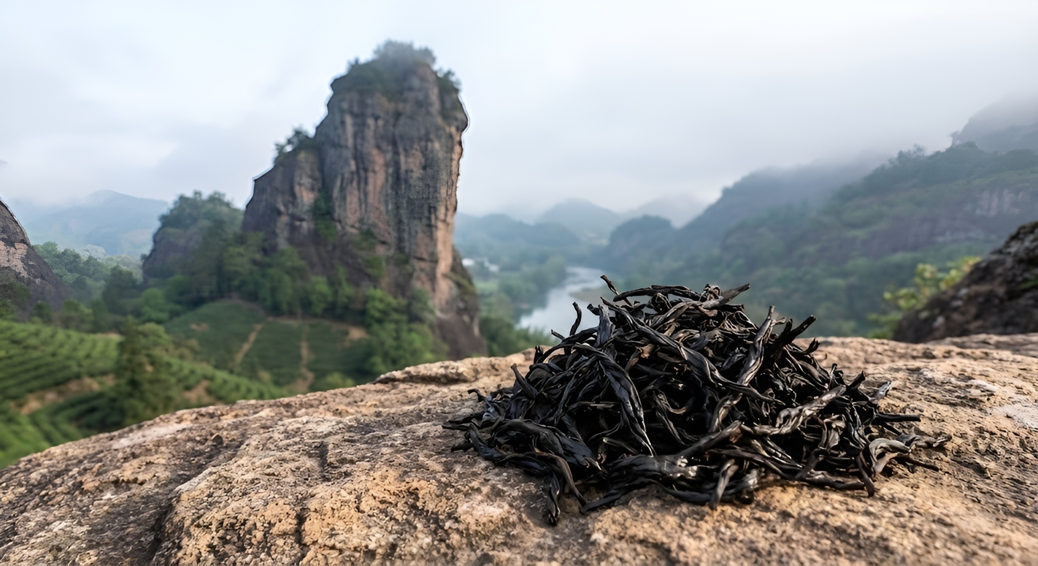 Dark roasted Rou Gui leaves against the backdrop of Wuyi's Horse Head Rock (Ma Tou Yan).
