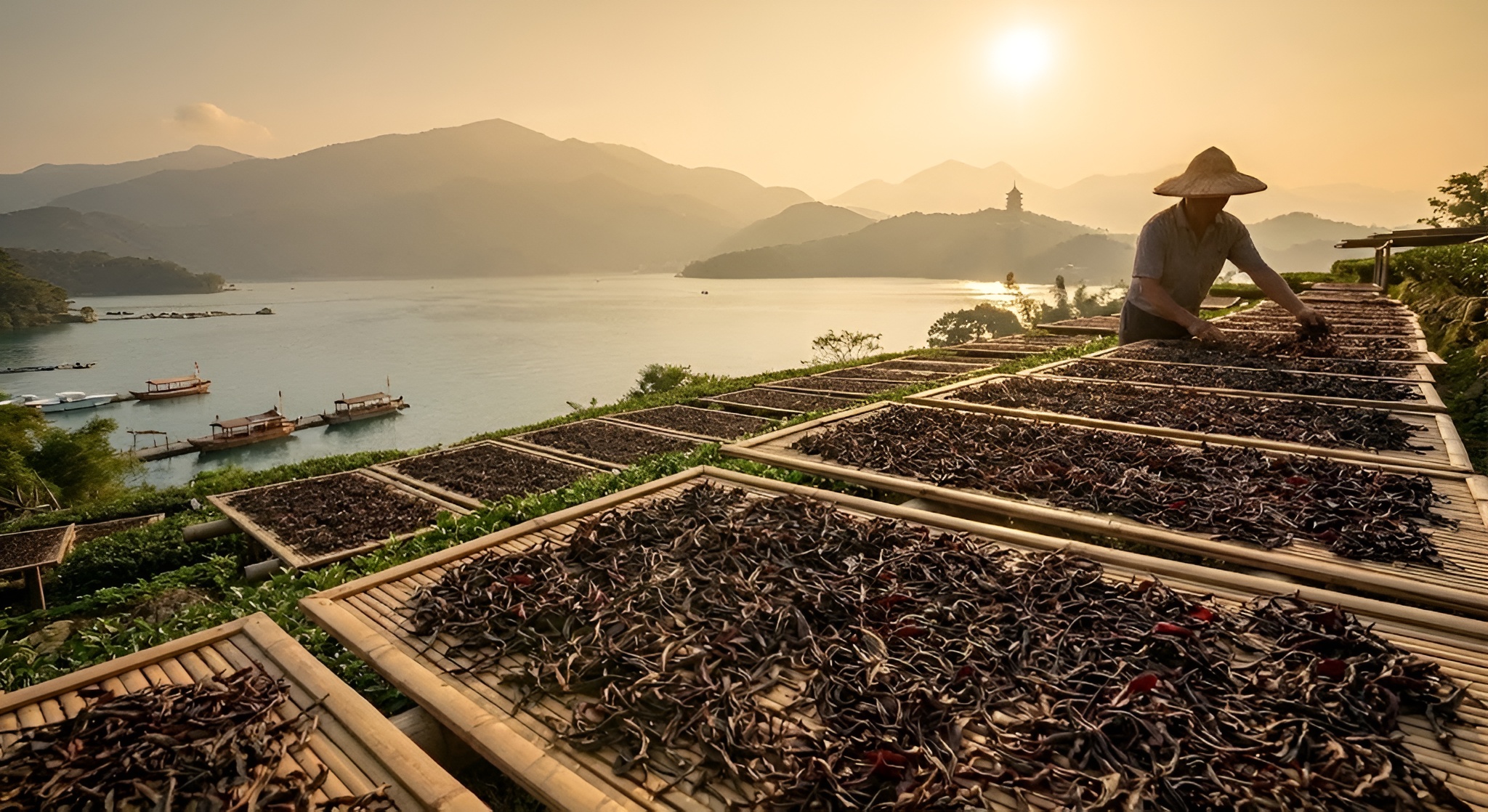 Ruby 18 tea leaves drying in the sun near Sun Moon Lake, Taiwan.
