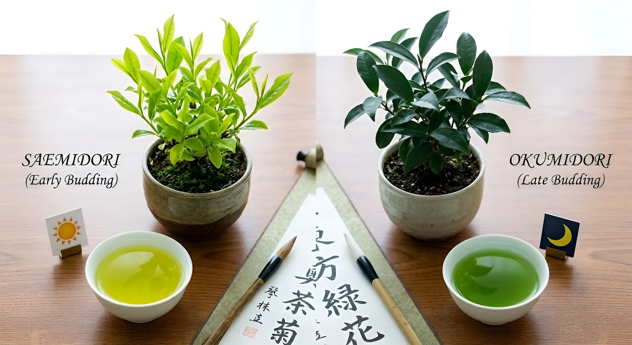 A side-by-side comparison of bright green Saemidori tea leaves and darker Okumidori leaves in a Japanese tea field.