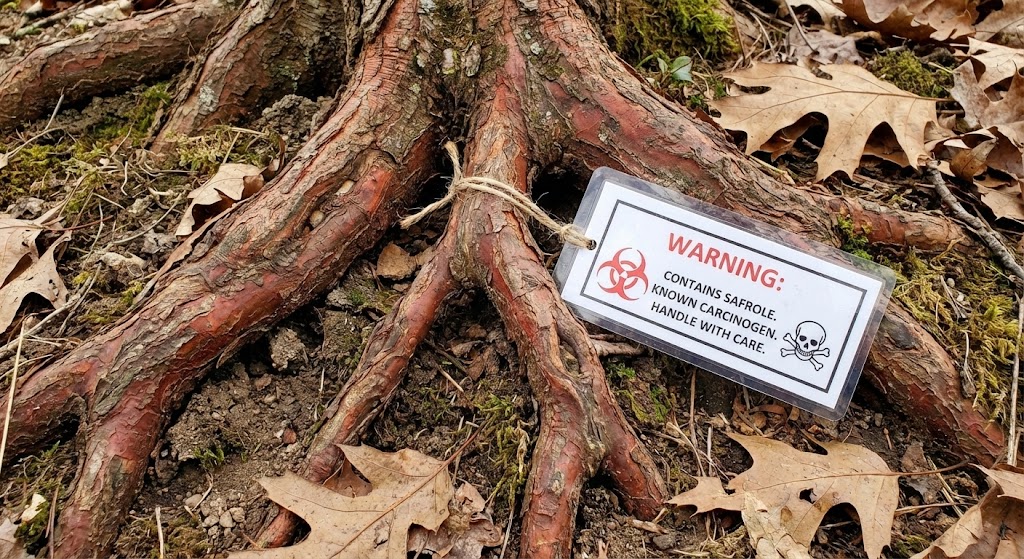 sassafras tree roots with warning label indicating safrole carcinogen content