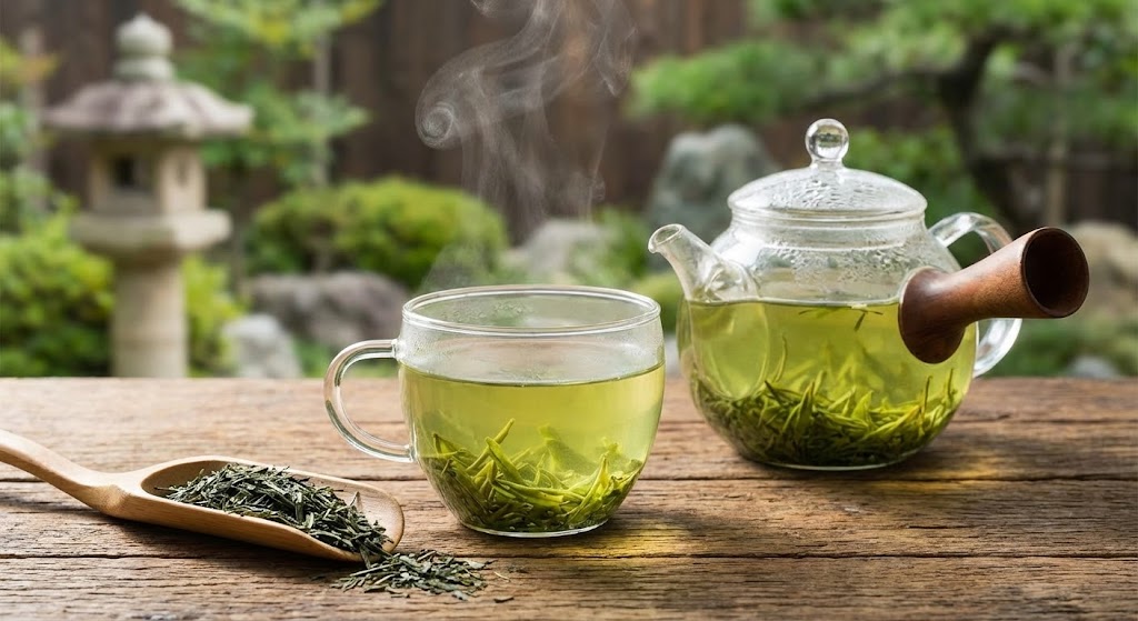 A vibrant collection of loose green tea leaves and a brewed cup.