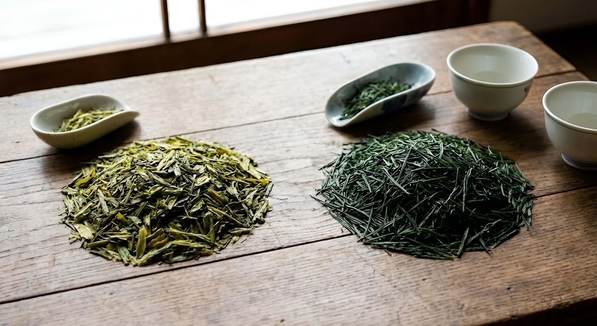 A comparison of Sencha leaves (lighter) and Gyokuro leaves (darker, needle like) on a wooden table.