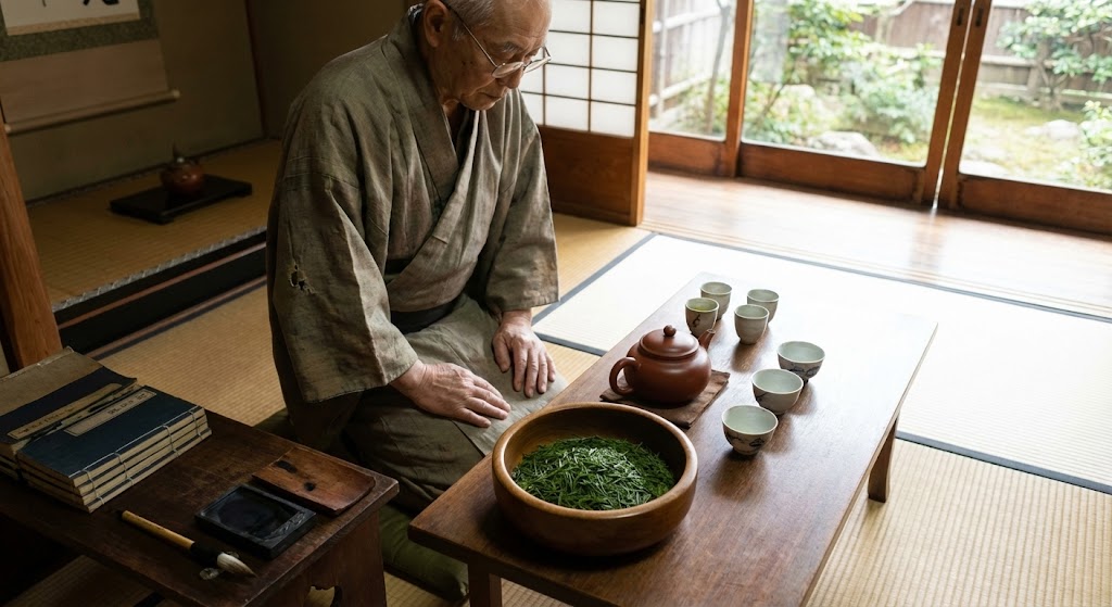 Senchado ceremony with Chinese Yixing teapot and loose sencha leaves literary scholar setting