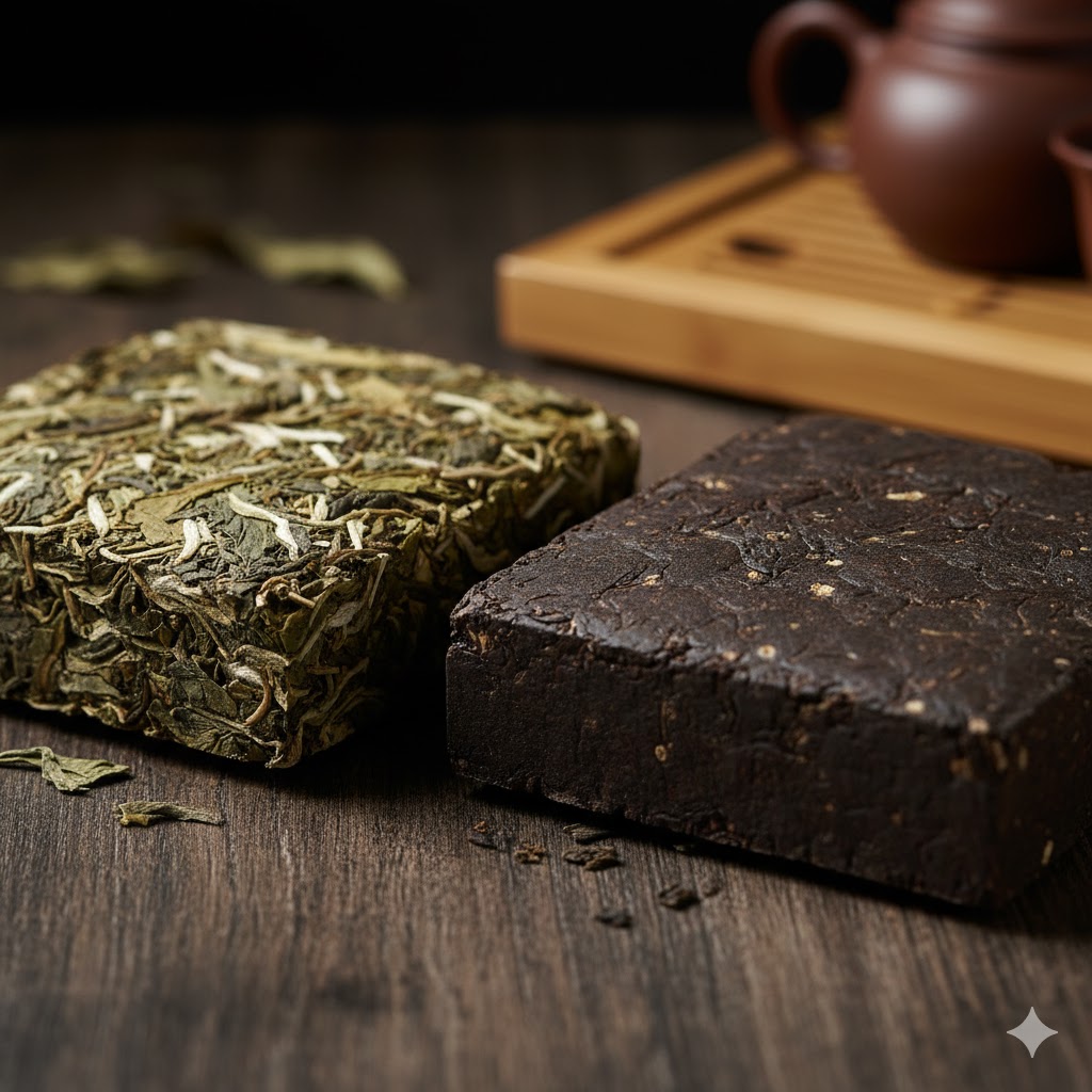two pu-erh tea bricks showing subtle differences between sheng and shou pu-erh tea.