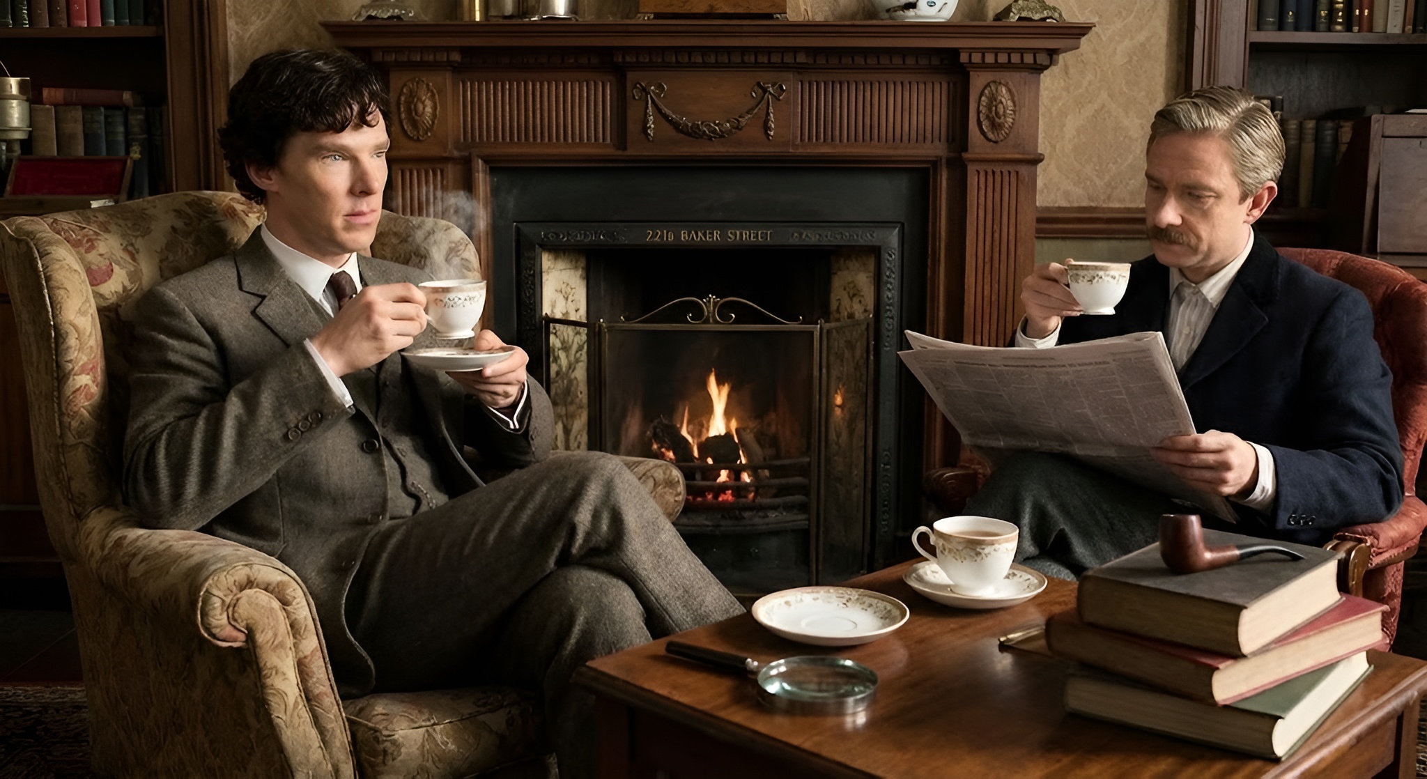 A classic silhouette of Sherlock Holmes with a pipe and a steaming cup of tea.