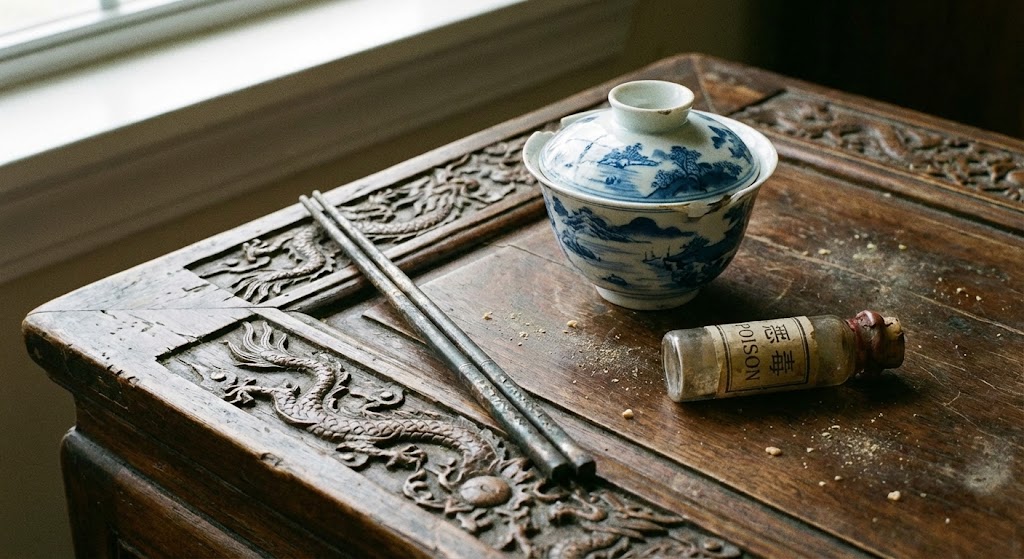 Ancient Chinese silver needle testing device next to teacup with arsenic powder.
