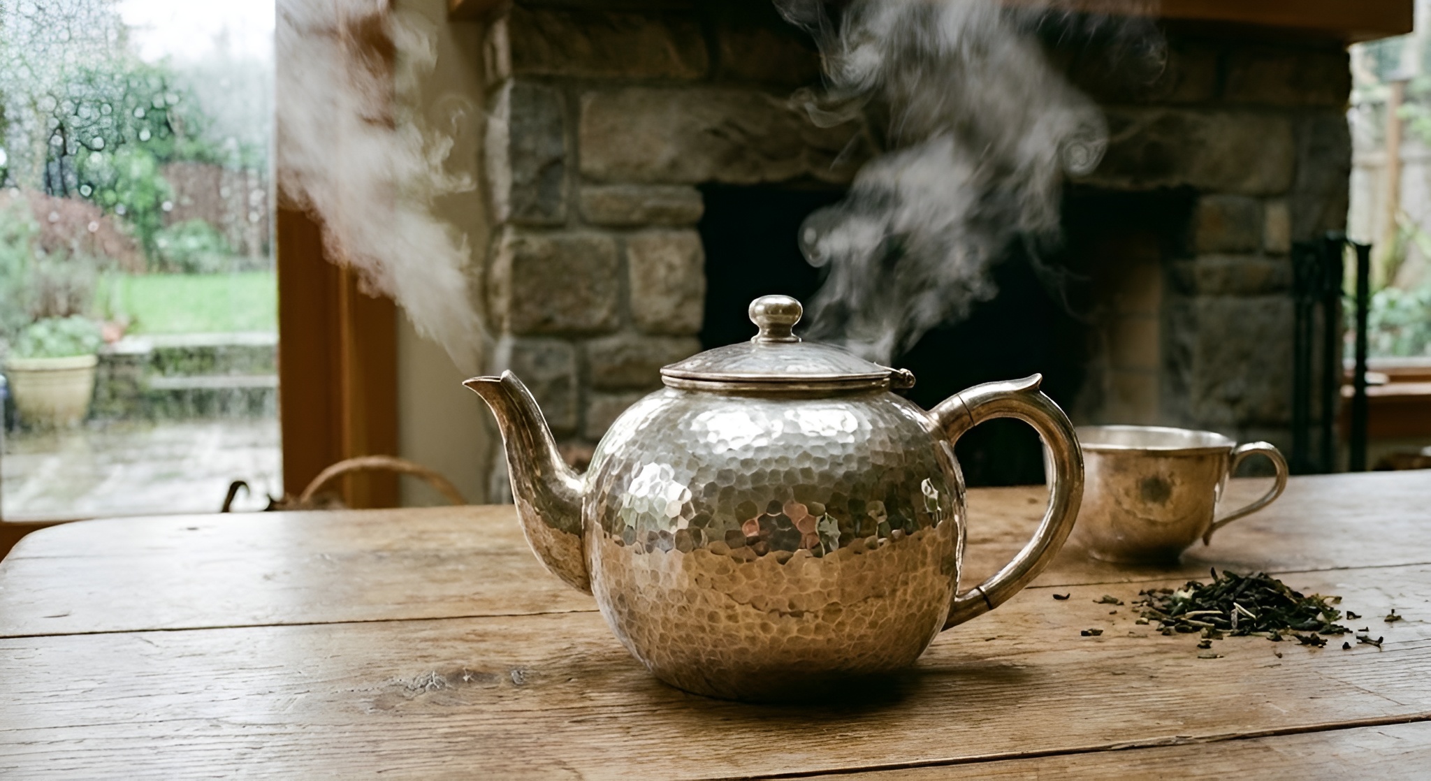 A hand-hammered pure silver teapot with steam rising.
