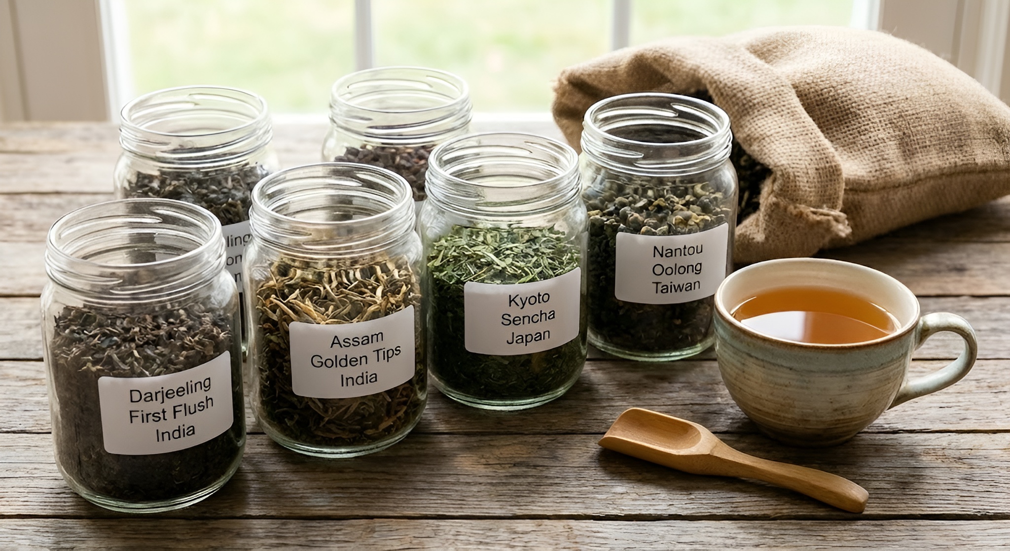 final made product of loose leaf white tea and green tea side by side in a splitscreen effect.