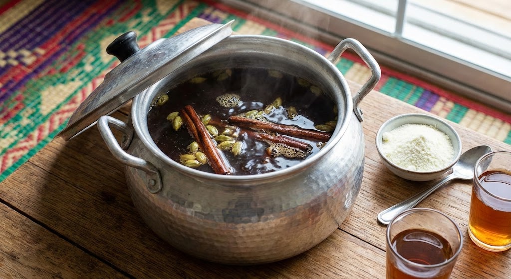 pot of Somali shaah with cardamom pods cinnamon sticks and powdered milk