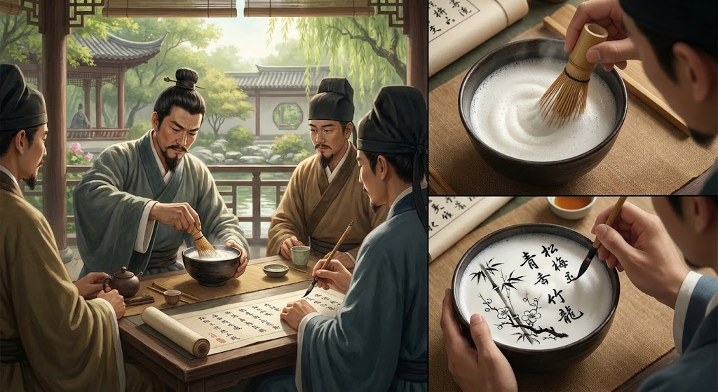 Song dynasty tea competition with whisked foam and calligraphy drawings chabaixi