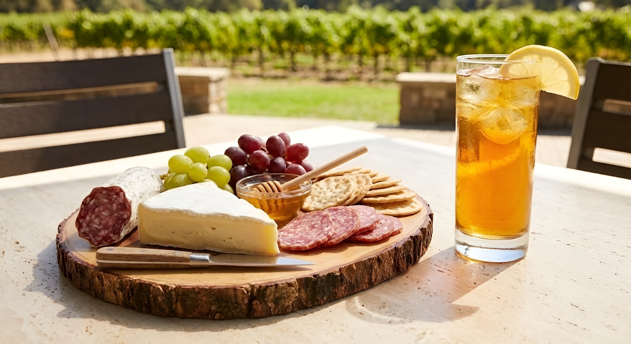 A cheese board with brie and salami paired with a glass of sparkling tea.