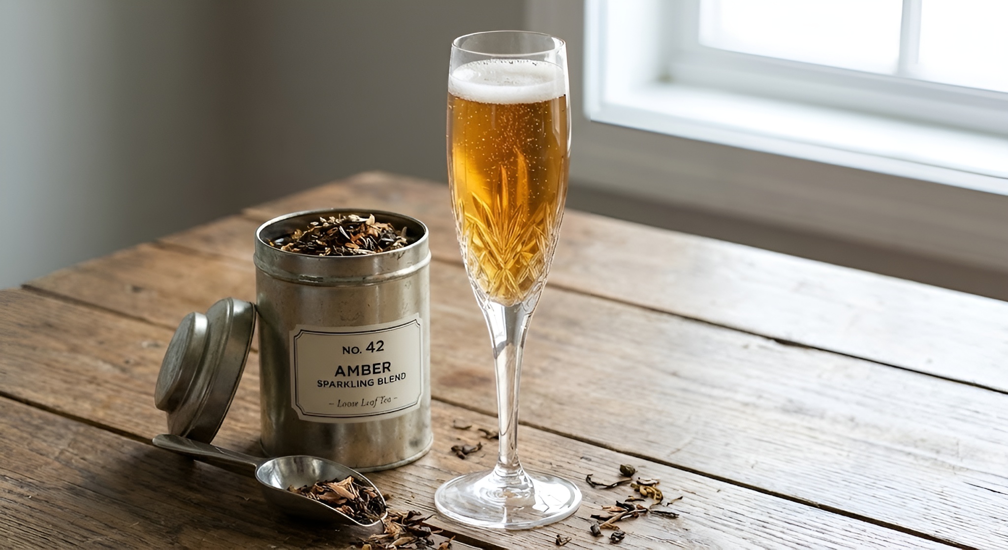 A champagne flute filled with amber sparkling tea next to a loose leaf tea canister.